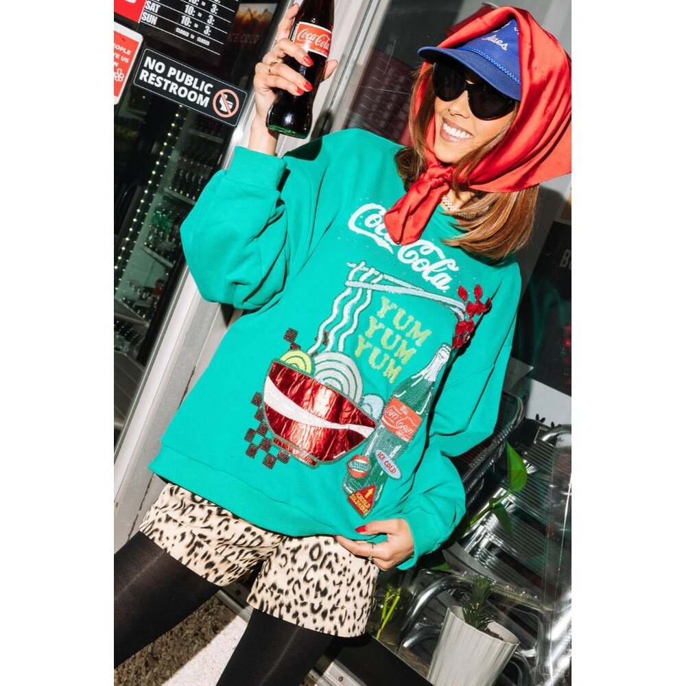 NEW QUEEN OF SPARKLES COCA-COLA COKE RAMEN SWEATSHIRT GREEN RED LONG SLEEVE NWT